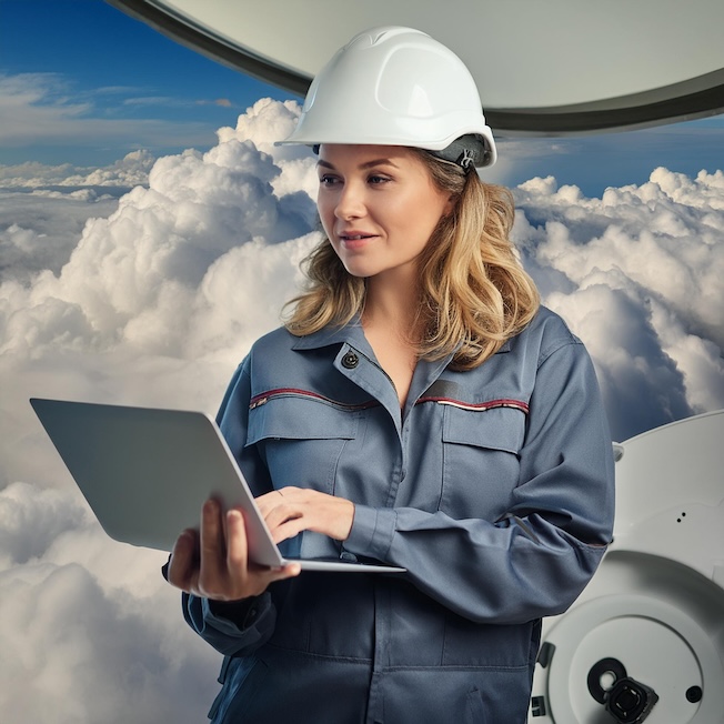 A female engineer in the clouds representing a cloud specialist.