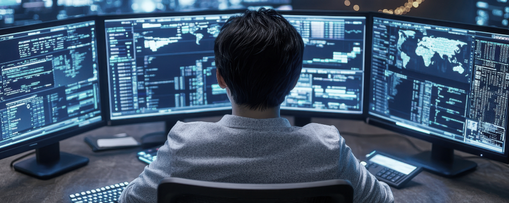 Two monitors showing cloud management and cloud security.